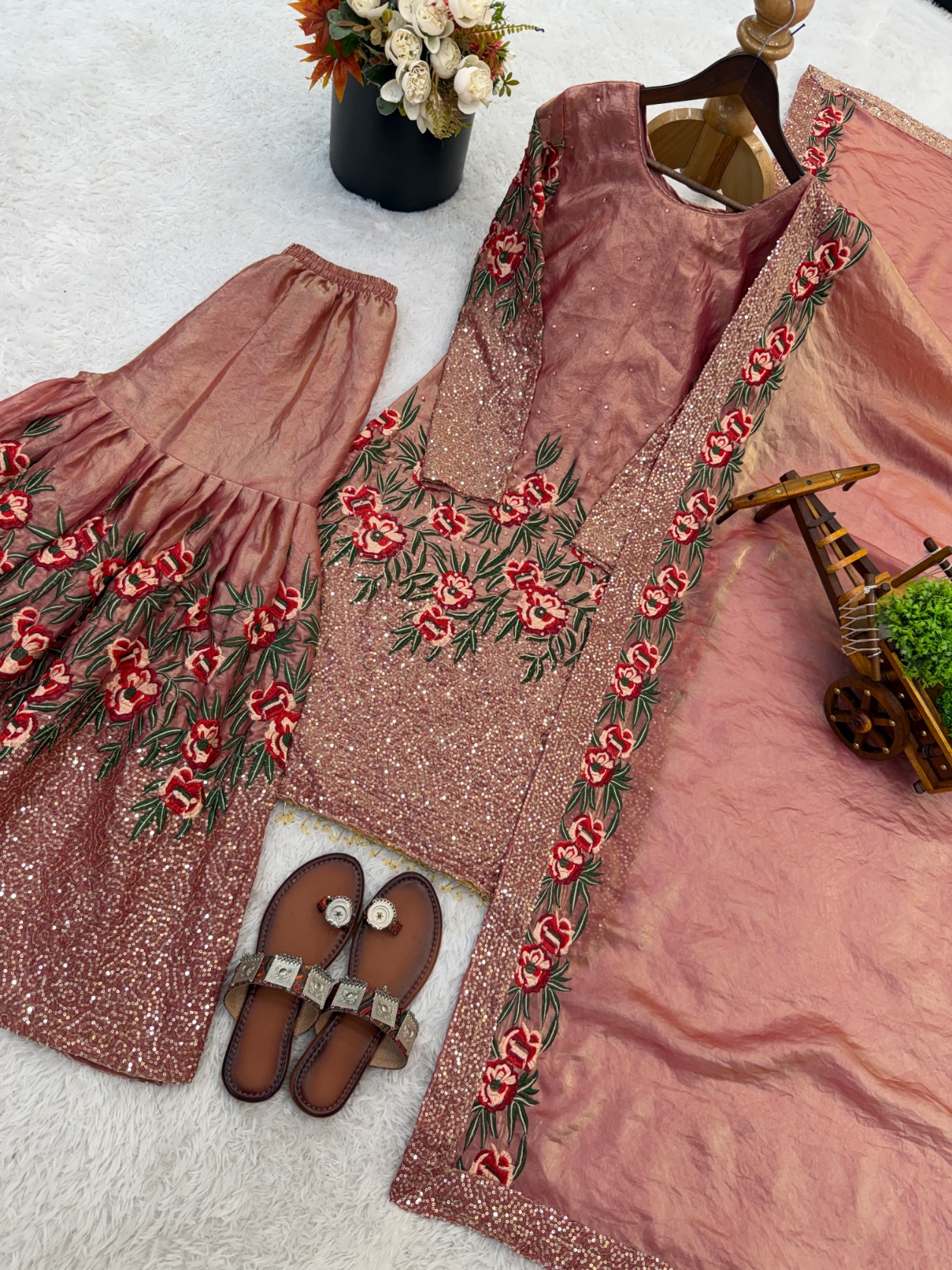 Pink Floral Pure Fendy Silk Sharara Suit