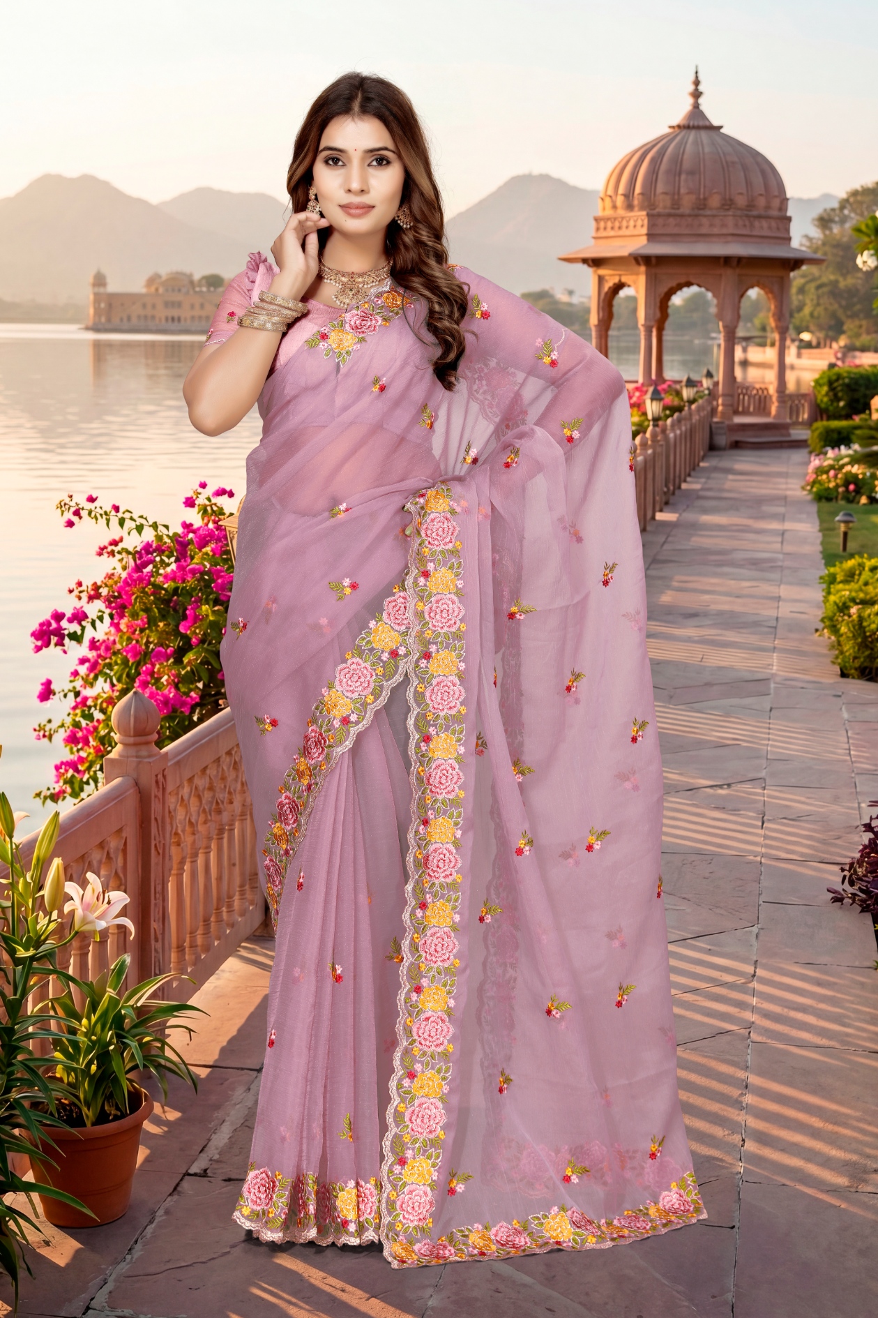 Pink Floral Resham Embroidery Vari Silk Saree