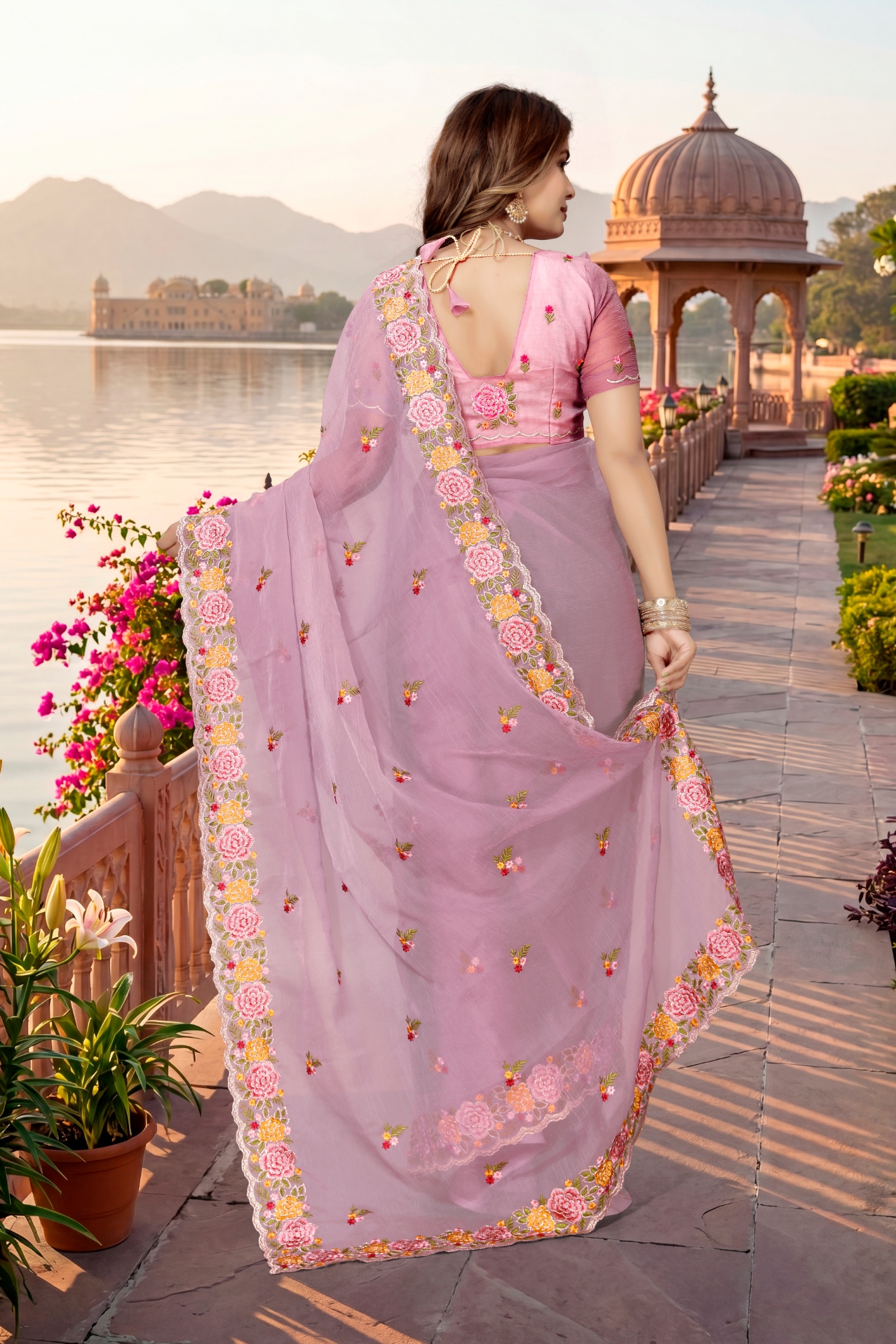 Pink Floral Resham Embroidery Vari Silk Saree — alternate view