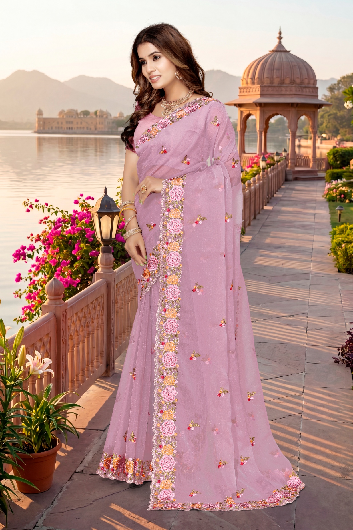 Pink Floral Resham Embroidery Vari Silk Saree