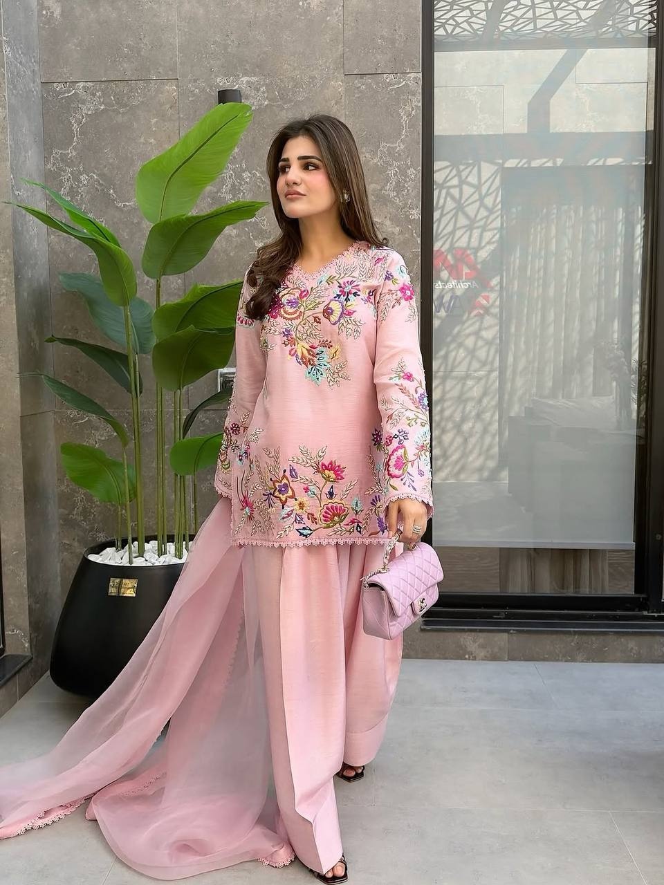 Pink Floral Sequance Embroidery Crepe Silk Indo Western Set — alternate view