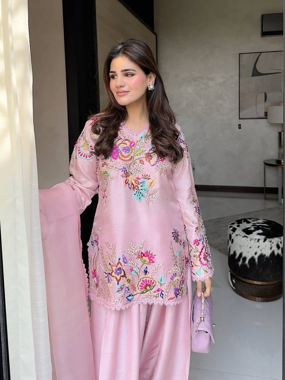 Pink Floral Sequance Embroidery Crepe Silk Indo Western Set