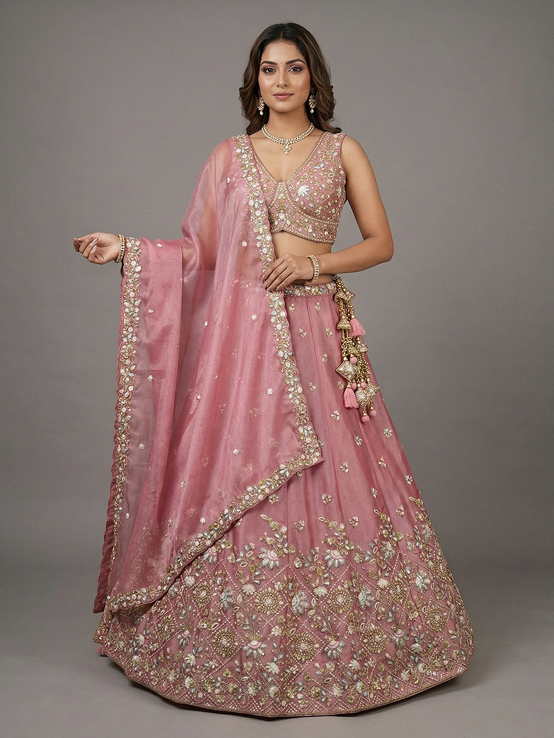 Pink Floral Sequin Chiffon Bridal Lehenga Choli