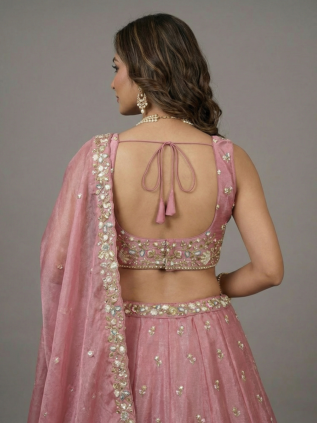 Pink Floral Sequin Chiffon Bridal Lehenga Choli — alternate view