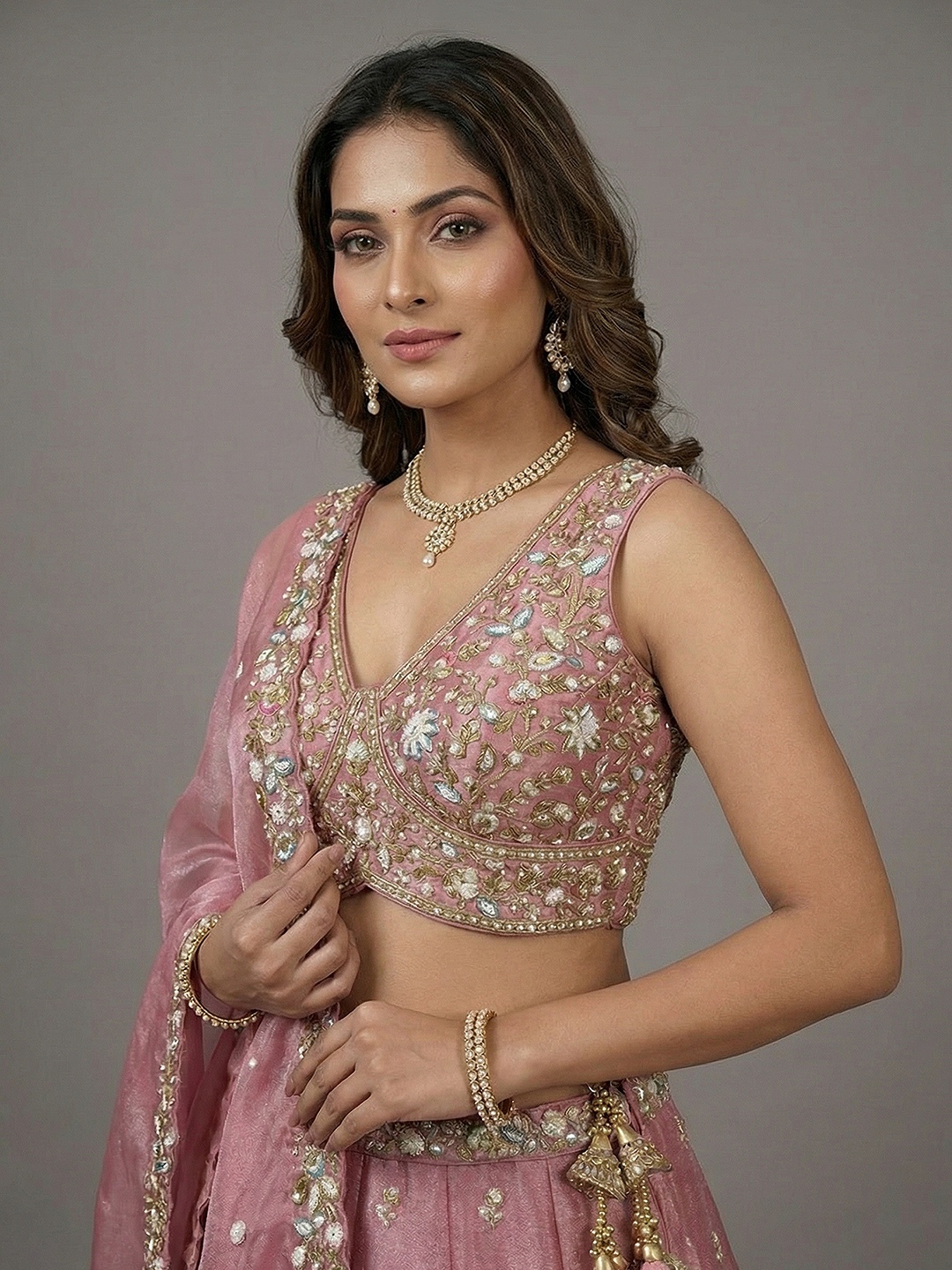 Pink Floral Sequin Chiffon Bridal Lehenga Choli