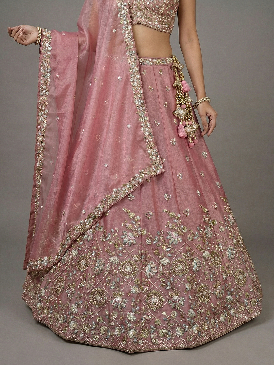 Pink Floral Sequin Chiffon Bridal Lehenga Choli