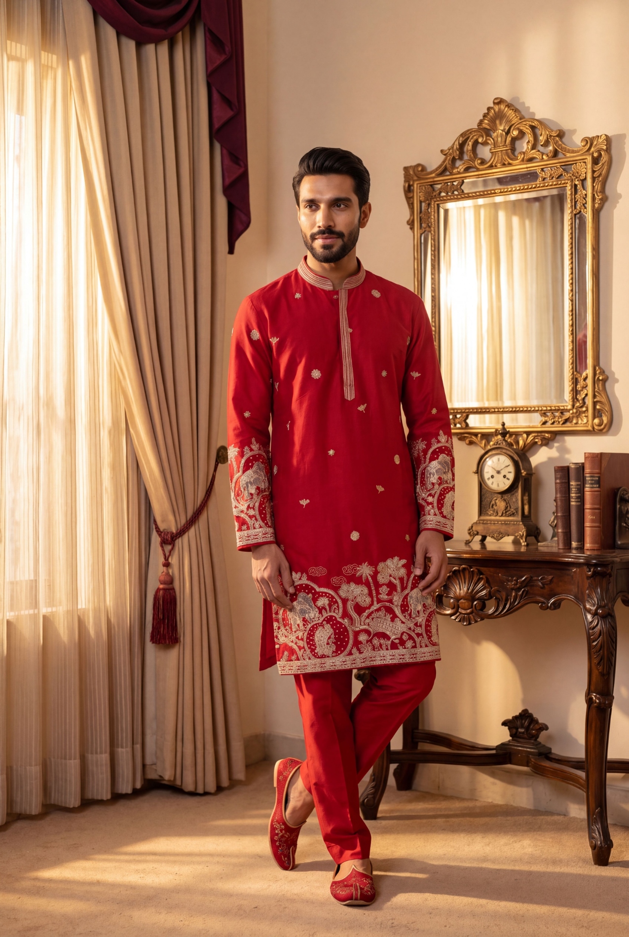 Pink Floral Sequinned Handwork Cotton Kurta Pyjama