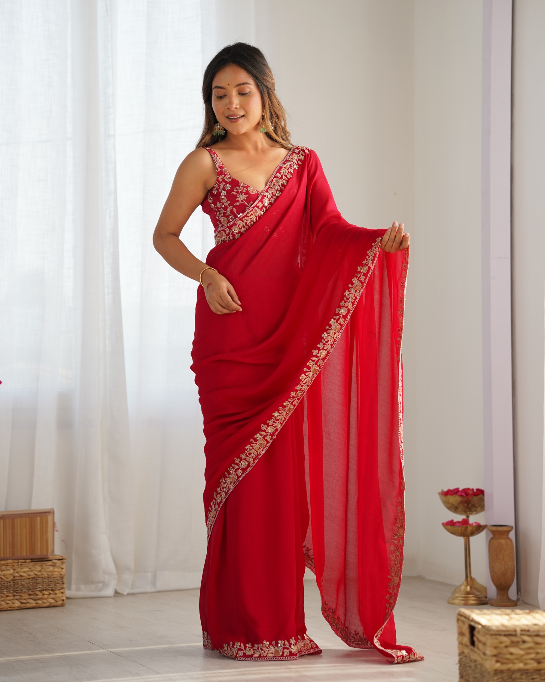 Pink Floral Sequins Vichitra Silk Saree