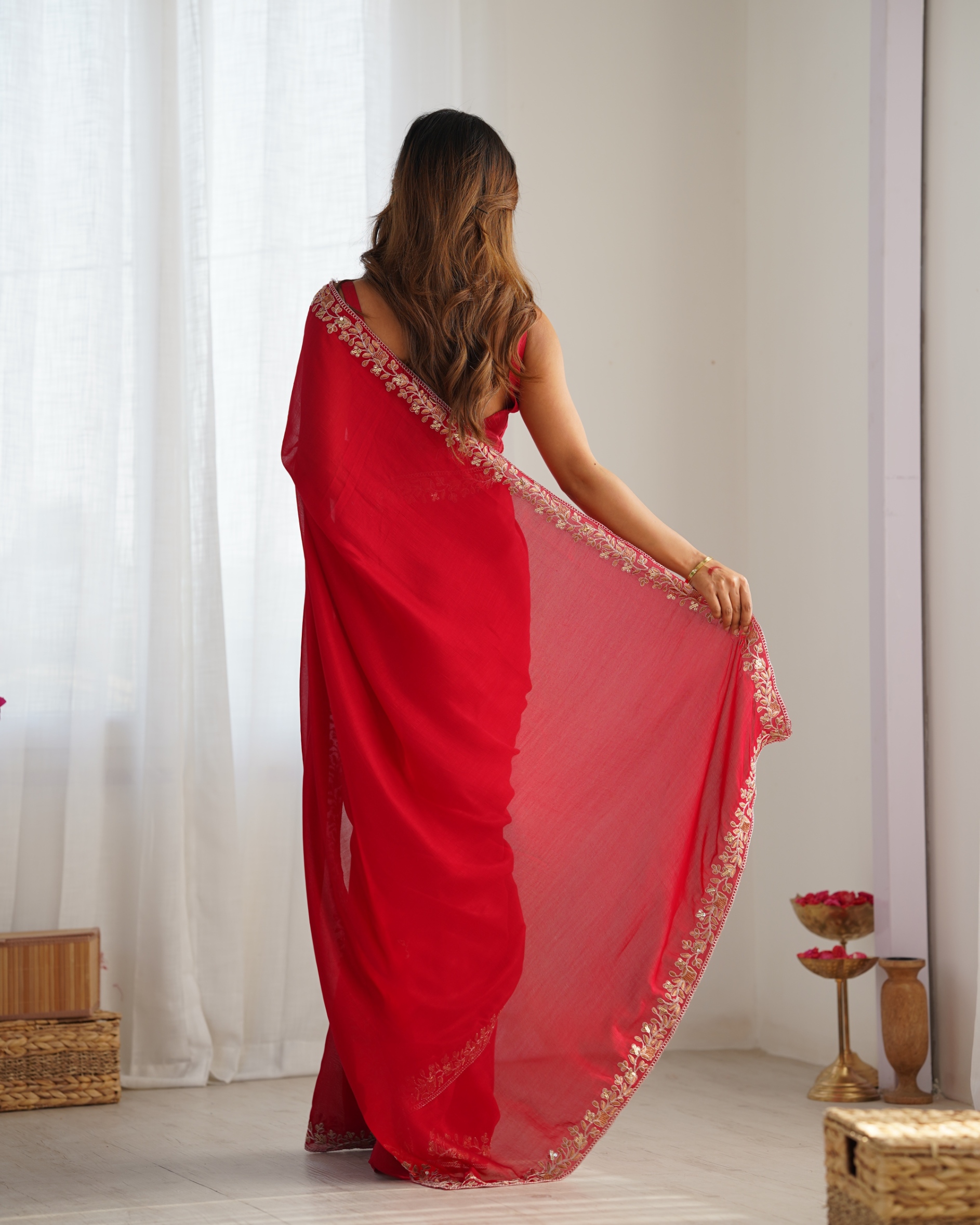 Pink Floral Sequins Vichitra Silk Saree — alternate view