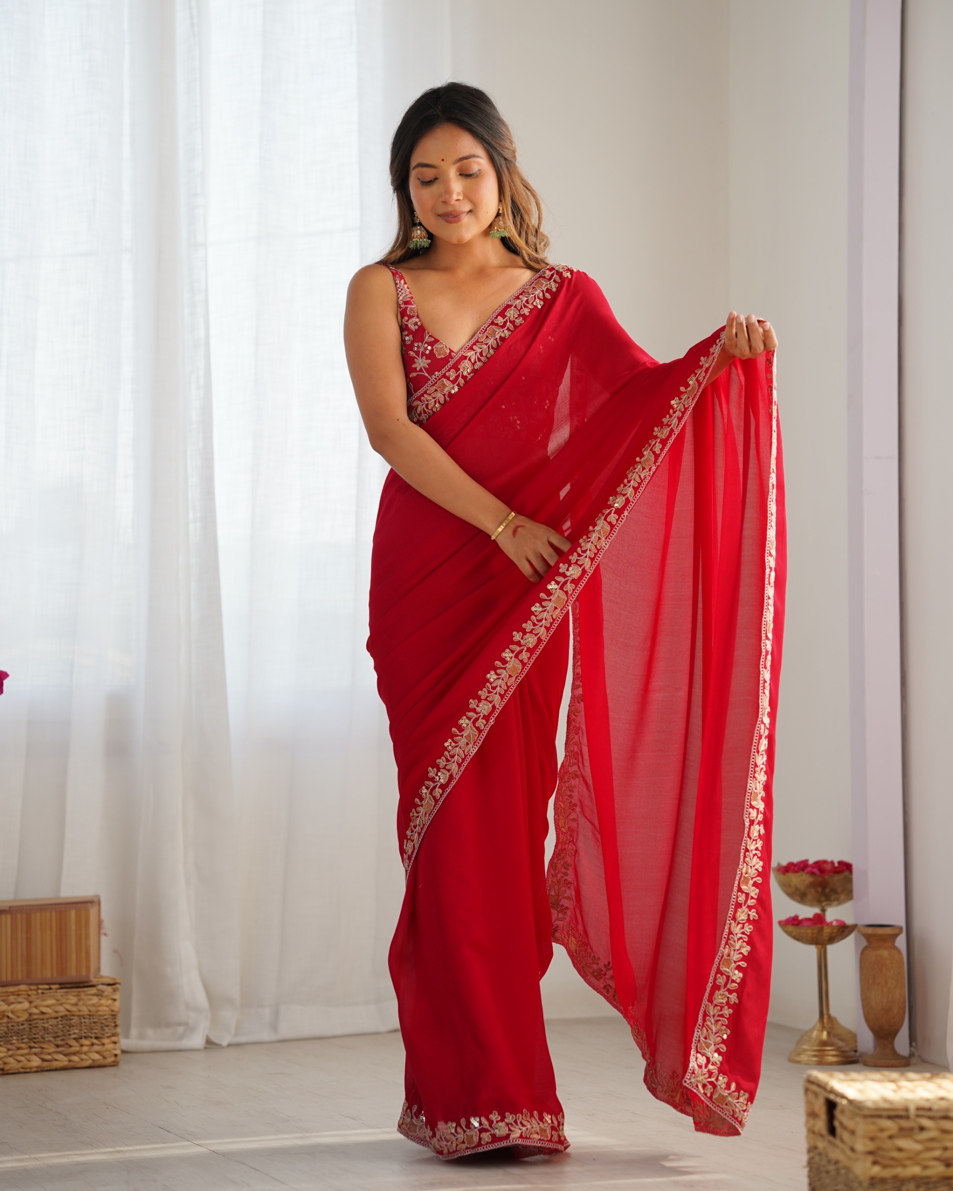 Pink Floral Sequins Vichitra Silk Saree