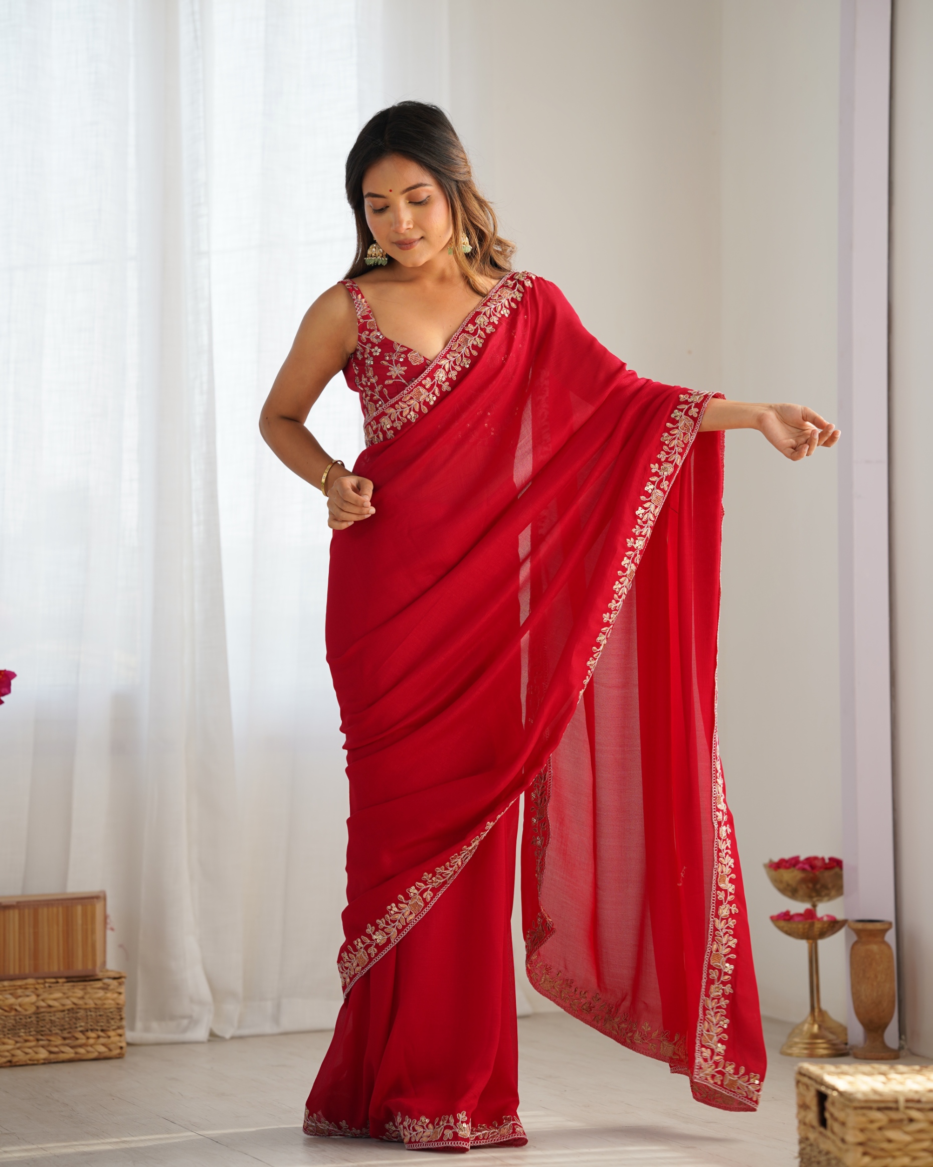 Pink Floral Sequins Vichitra Silk Saree