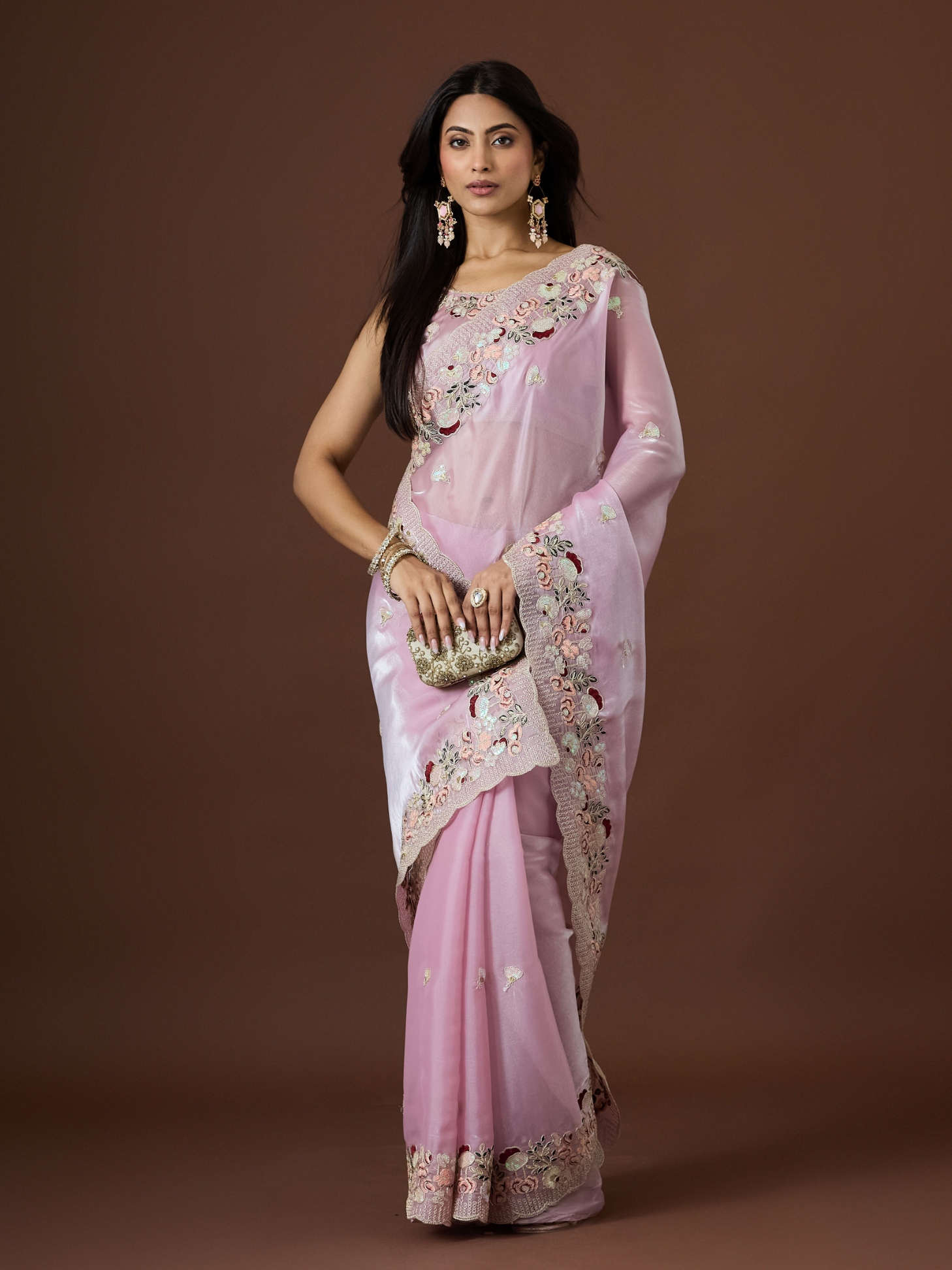 Pink Floral Thread Embroidery Jimmy Choo Saree