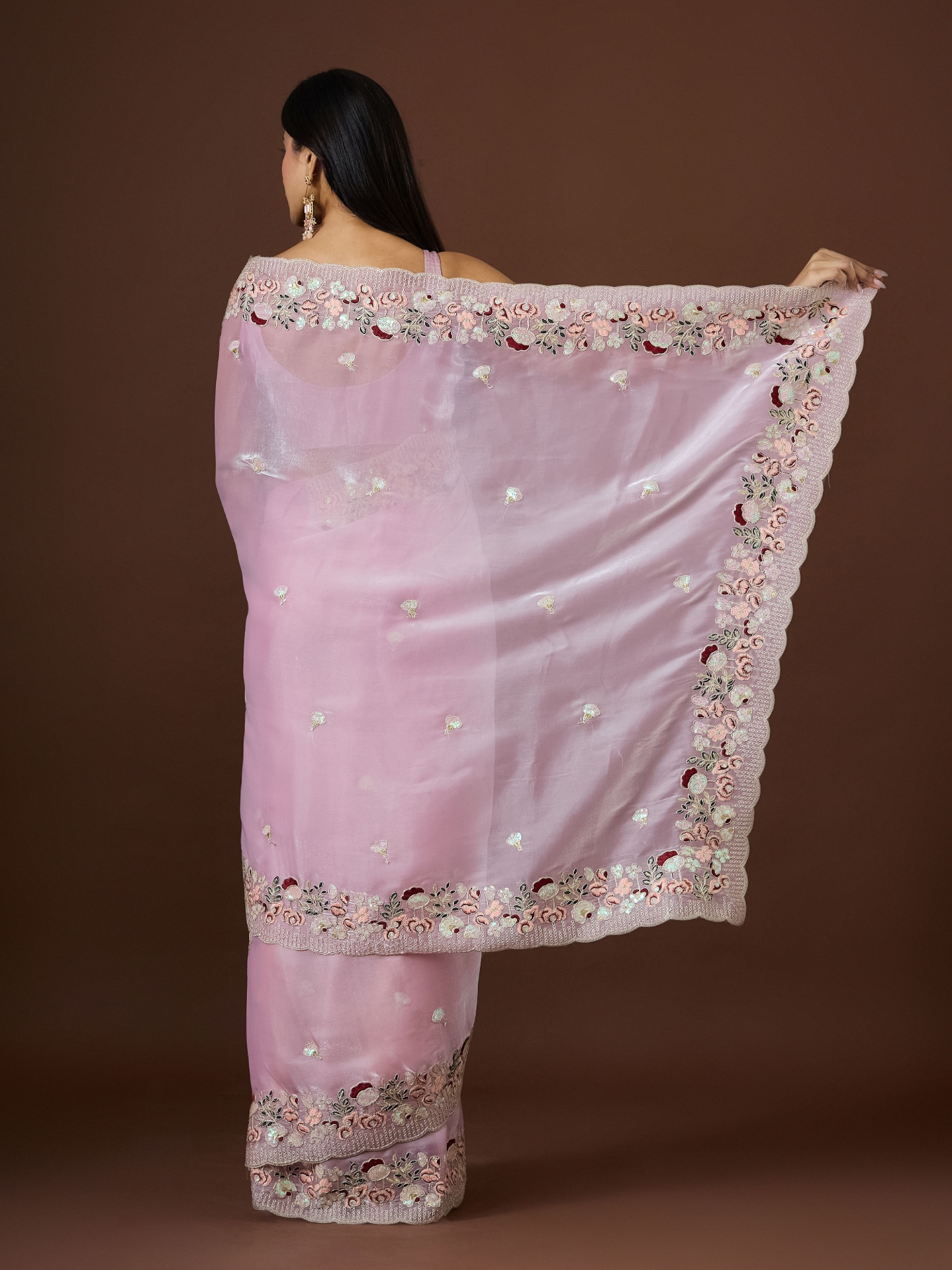 Pink Floral Thread Embroidery Jimmy Choo Saree — alternate view
