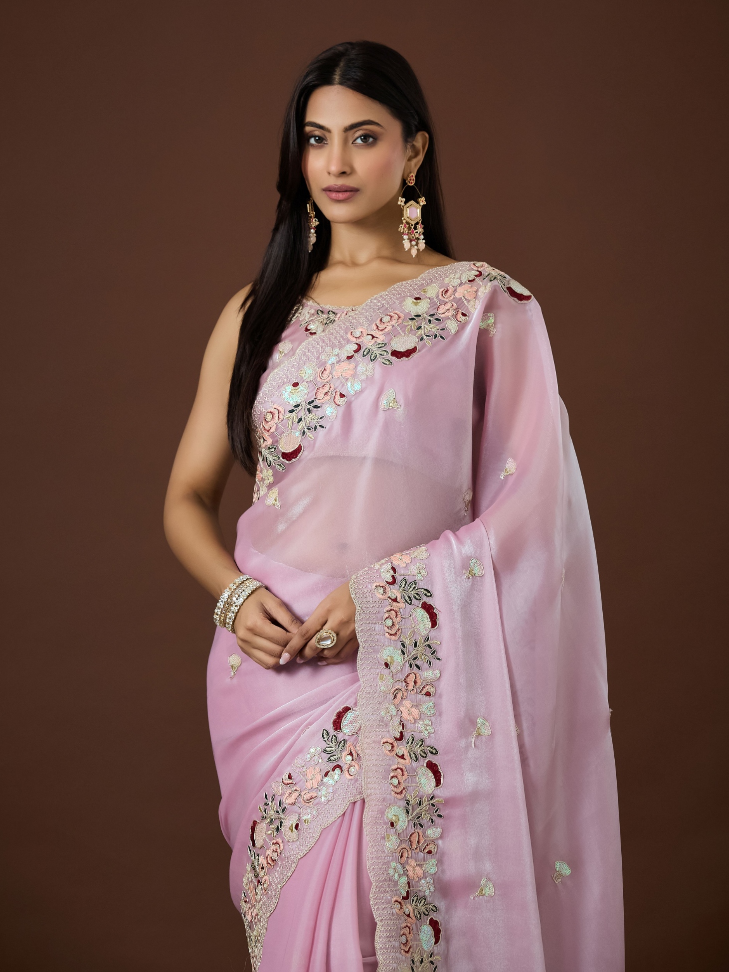 Pink Floral Thread Embroidery Jimmy Choo Saree