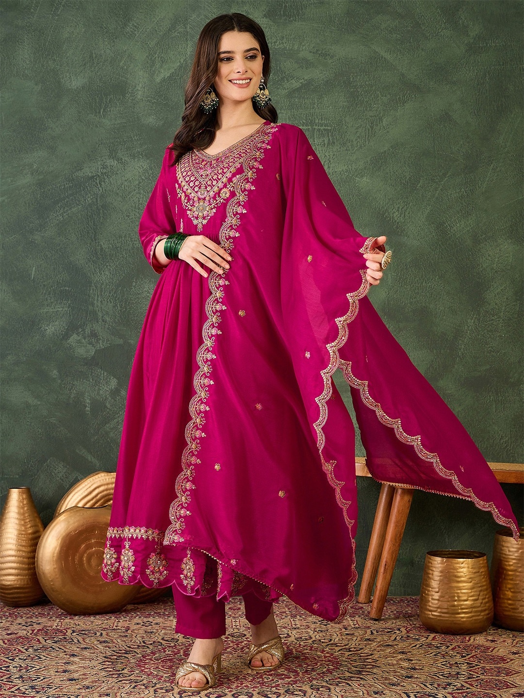 Pink Floral Thread Vichitra Silk Anarkali Suit