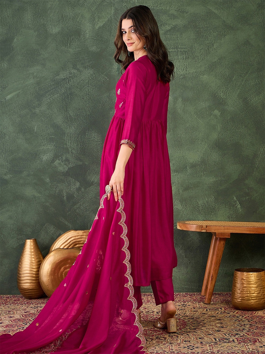Pink Floral Thread Vichitra Silk Anarkali Suit — alternate view