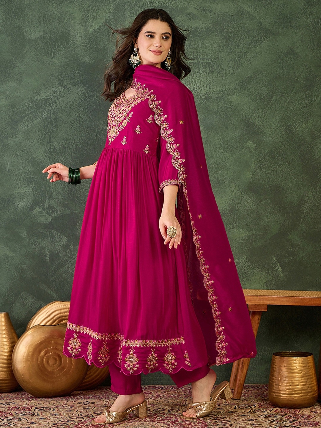 Pink Floral Thread Vichitra Silk Anarkali Suit