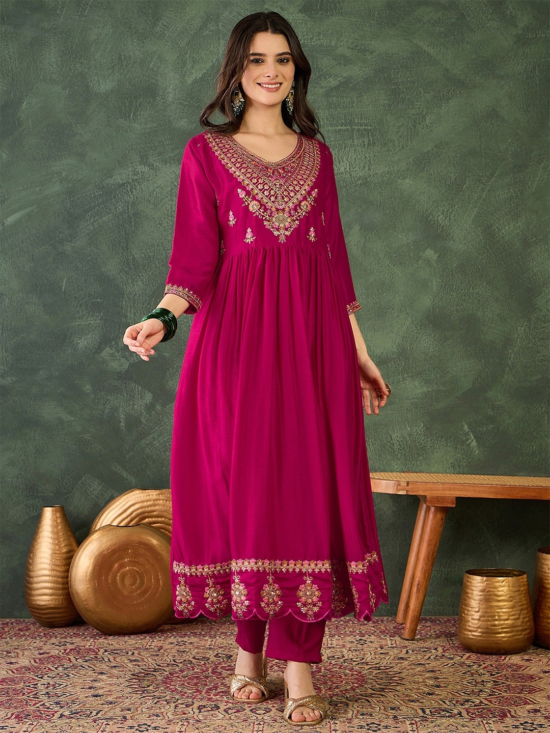 Pink Floral Thread Vichitra Silk Anarkali Suit