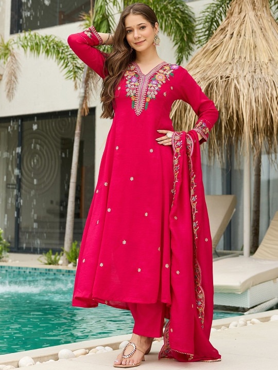 Pink Floral Thread Vichitra Silk Straight Suit