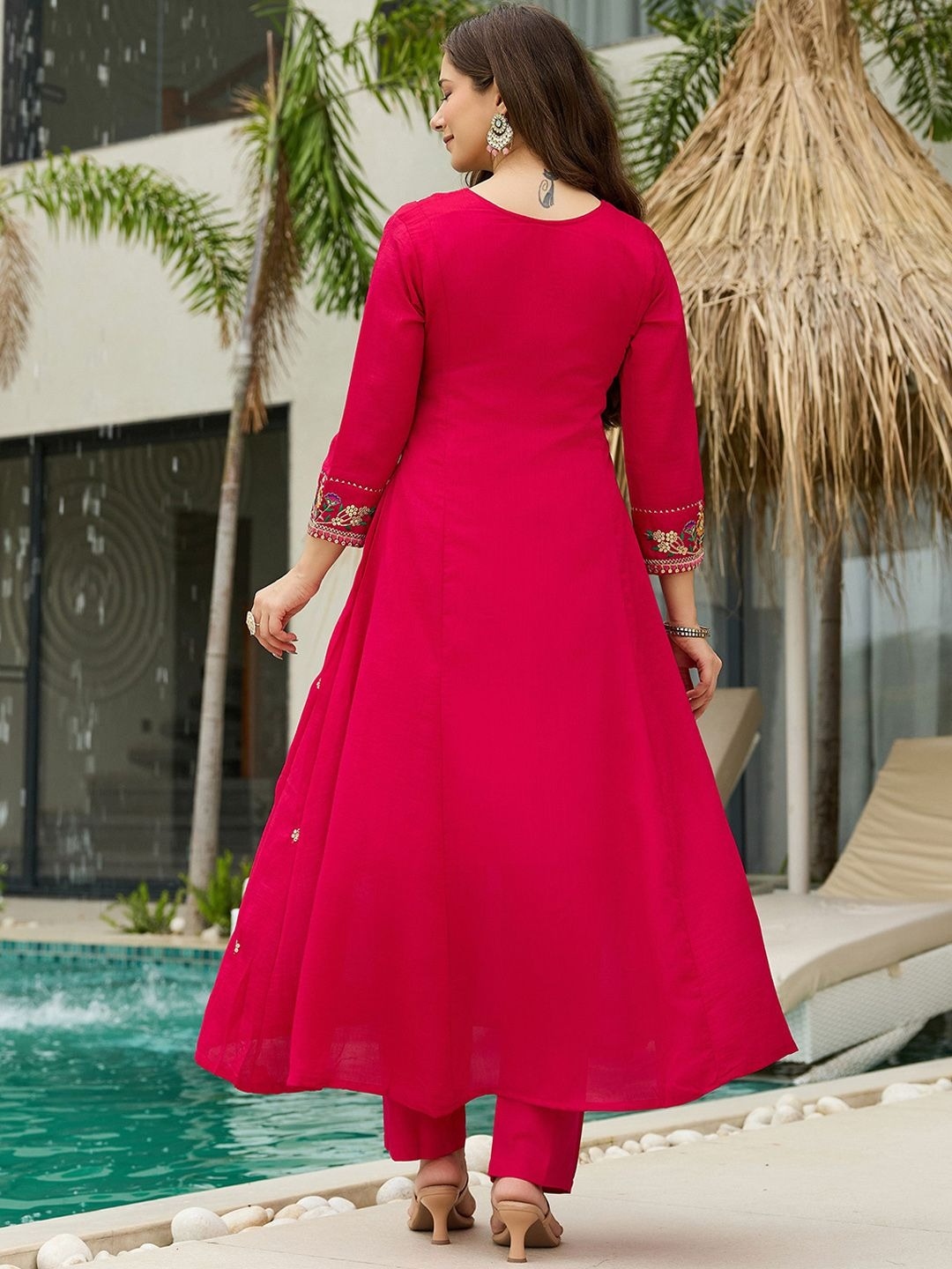 Pink Floral Thread Vichitra Silk Straight Suit — alternate view