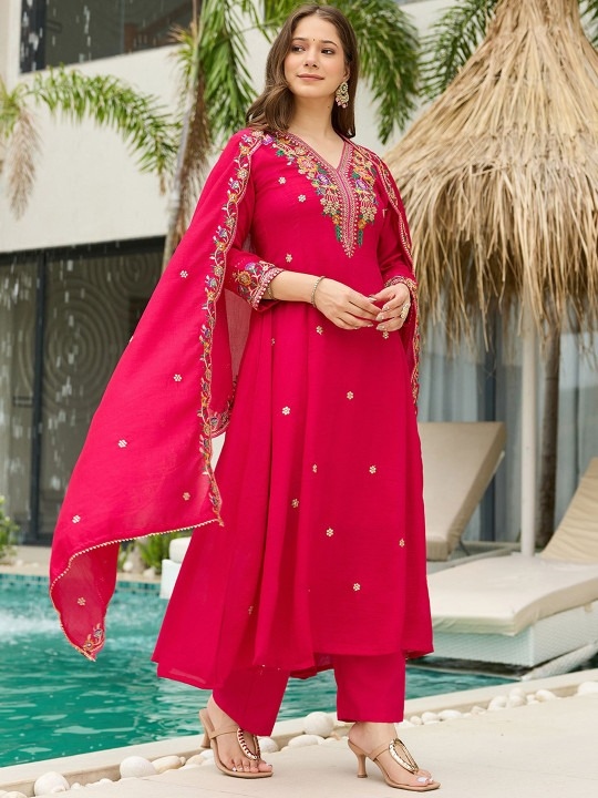 Pink Floral Thread Vichitra Silk Straight Suit