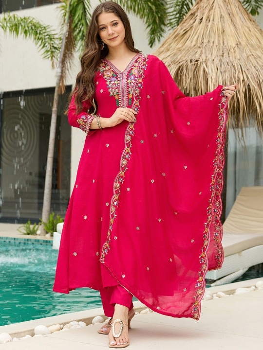 Pink Floral Thread Vichitra Silk Straight Suit