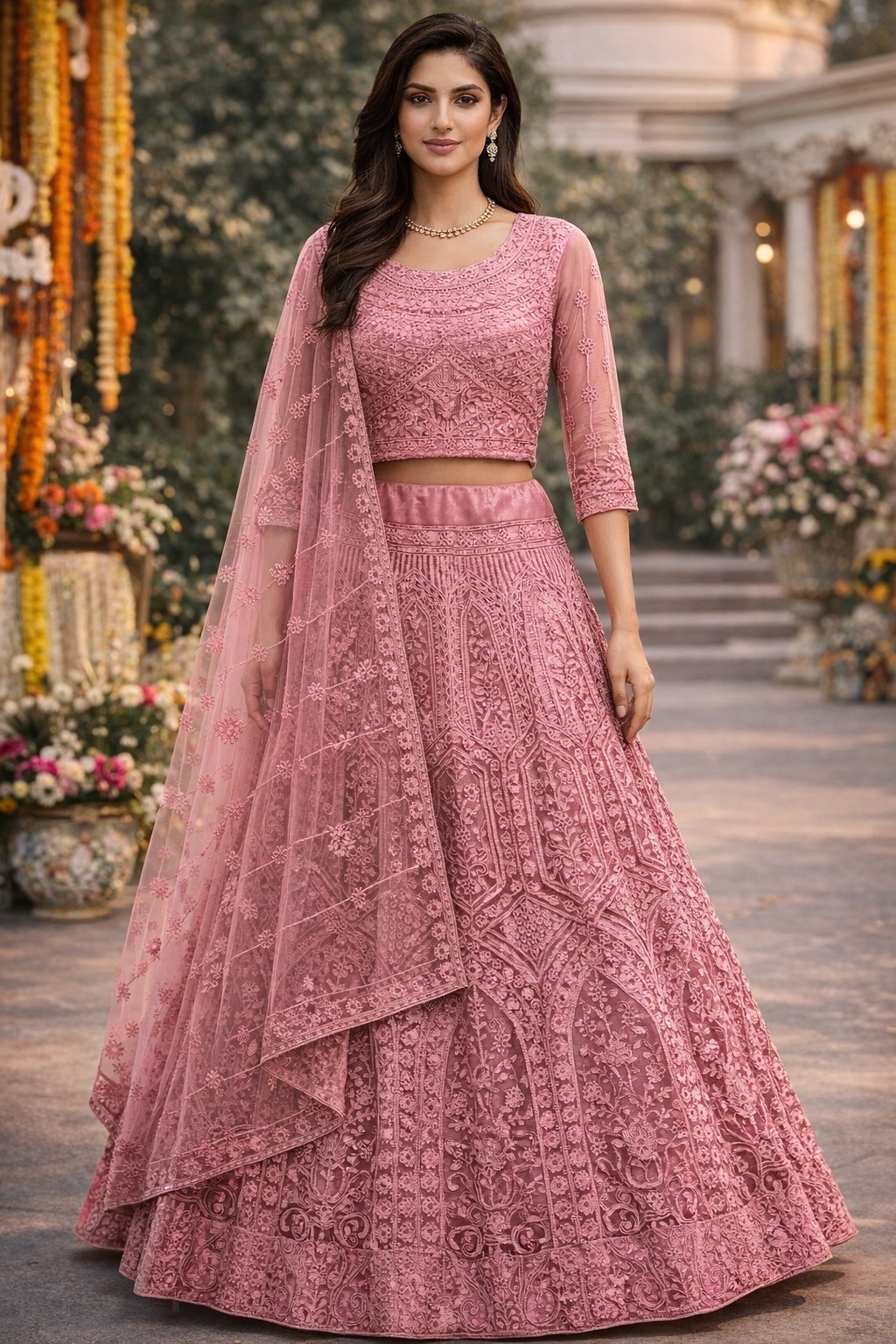 Pink Floral Threadwork Net Lehenga Choli