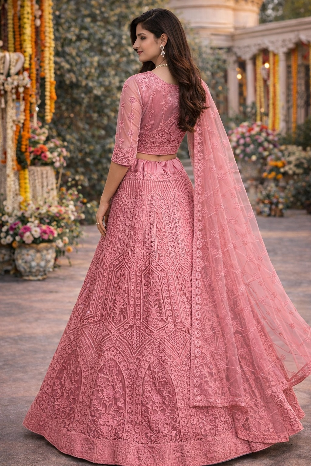 Pink Floral Threadwork Net Lehenga Choli — alternate view