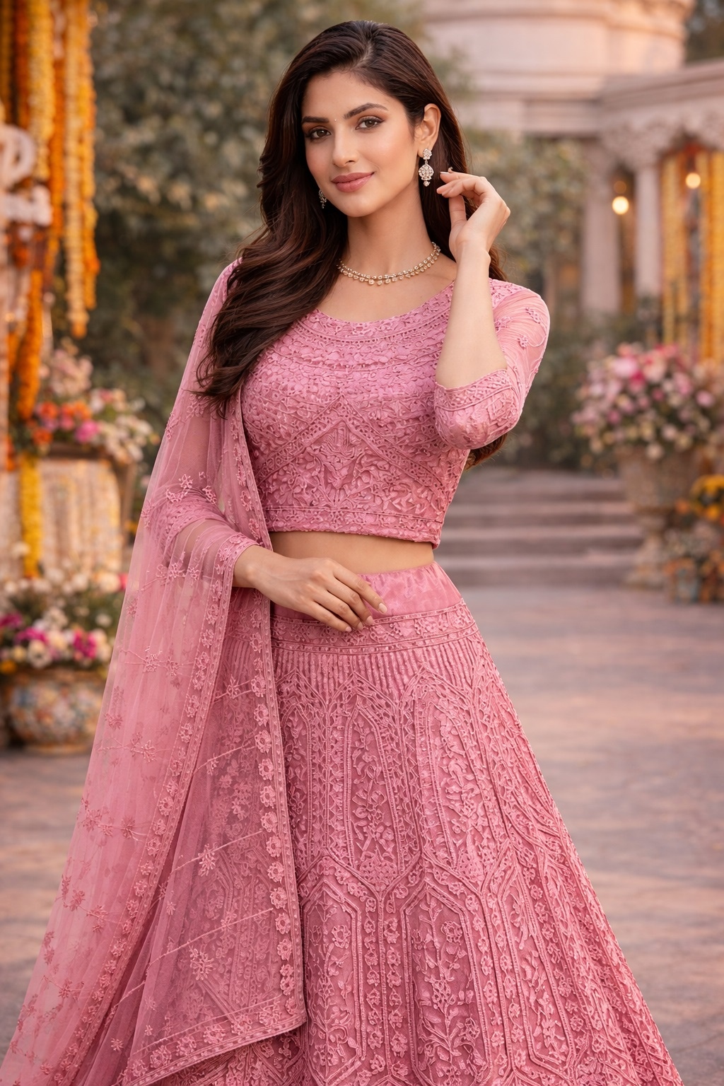 Pink Floral Threadwork Net Lehenga Choli