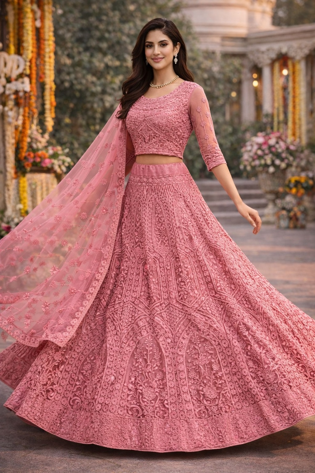 Pink Floral Threadwork Net Lehenga Choli