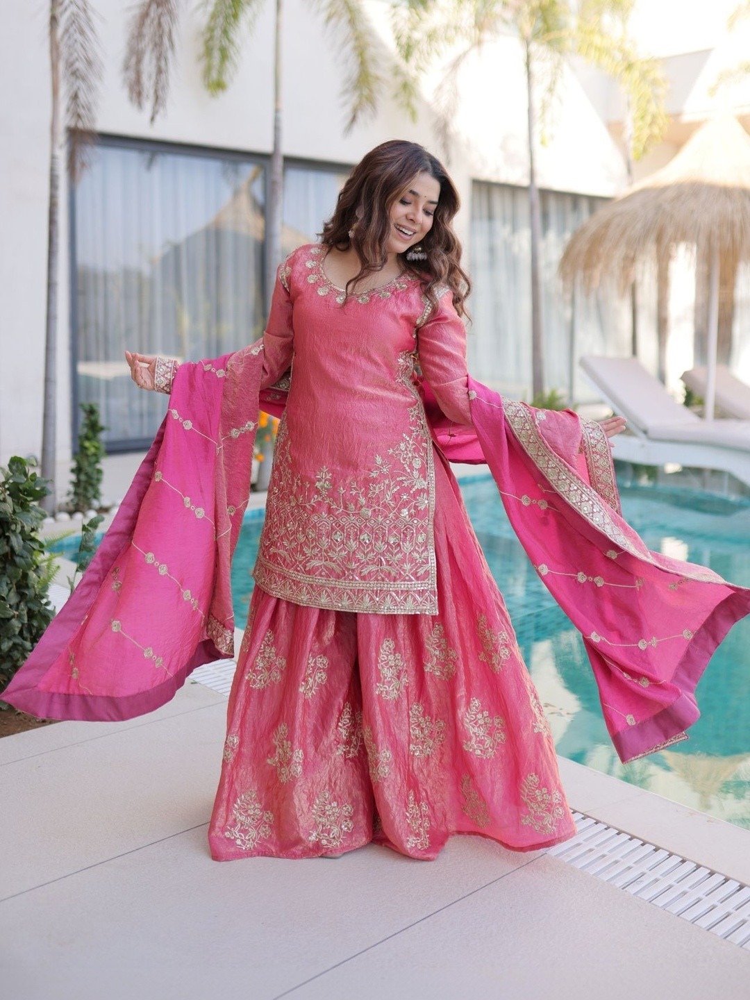 Pink Floral Vichitra Palazzo Suit