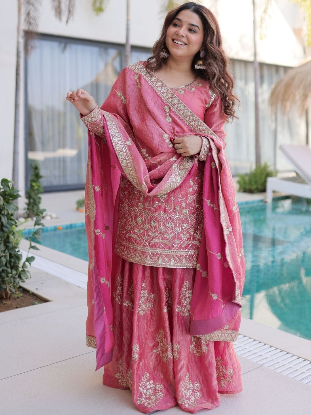 Pink Floral Vichitra Palazzo Suit — alternate view