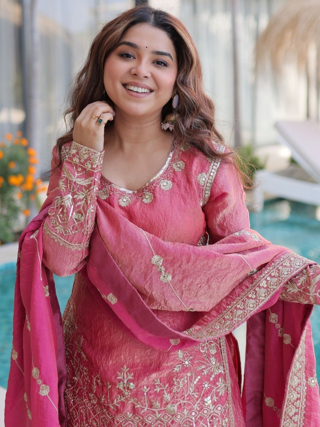 Pink Floral Vichitra Palazzo Suit