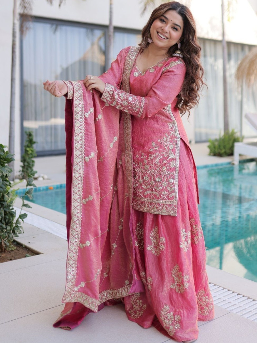 Pink Floral Vichitra Palazzo Suit