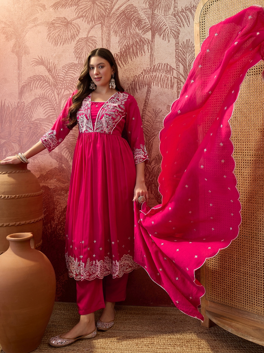 Pink Floral Vichitra Silk Straight Heritage Luxury Suit