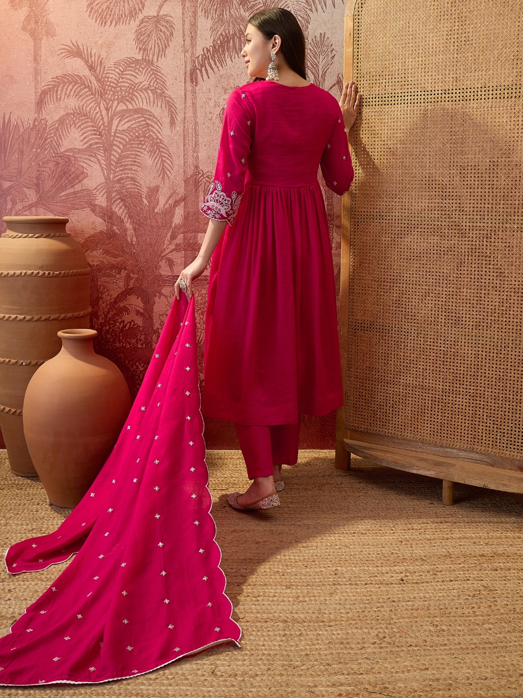Pink Floral Vichitra Silk Straight Heritage Luxury Suit — alternate view