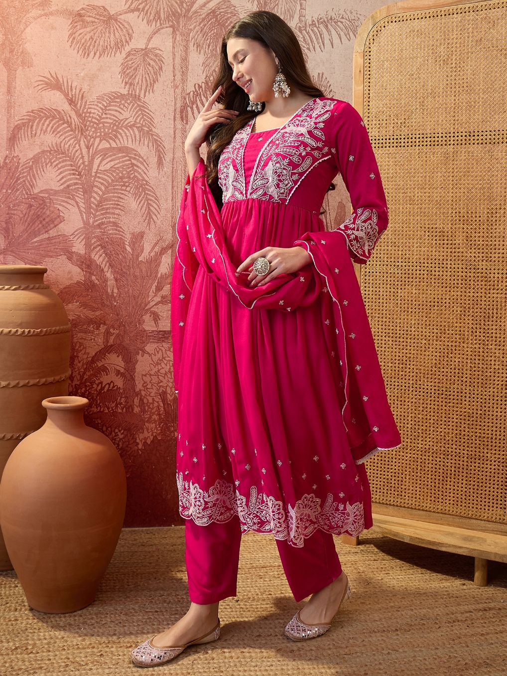 Pink Floral Vichitra Silk Straight Heritage Luxury Suit