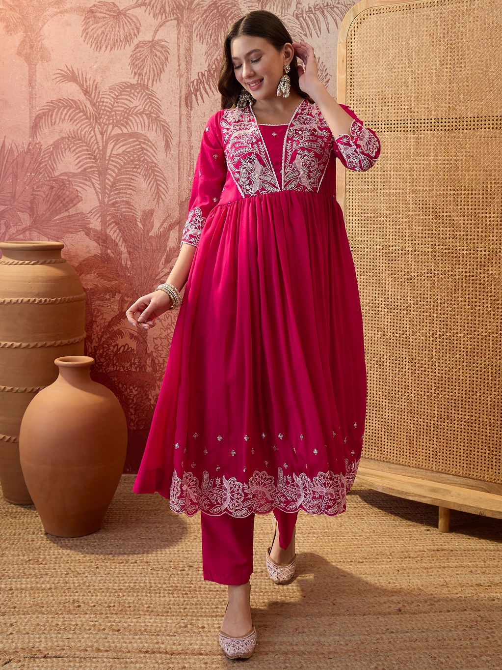 Pink Floral Vichitra Silk Straight Heritage Luxury Suit