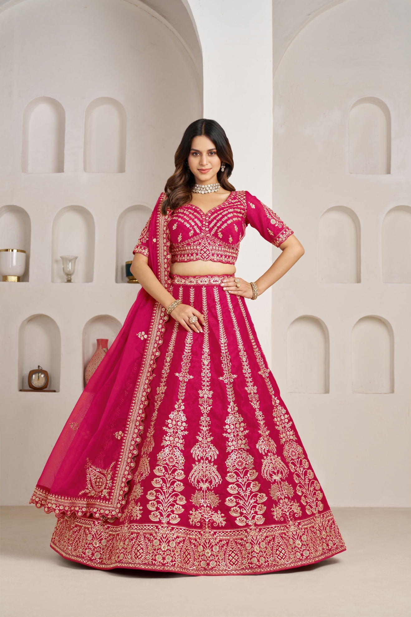 Pink Floral Vine Handwork Silk Bridal Lehenga Choli
