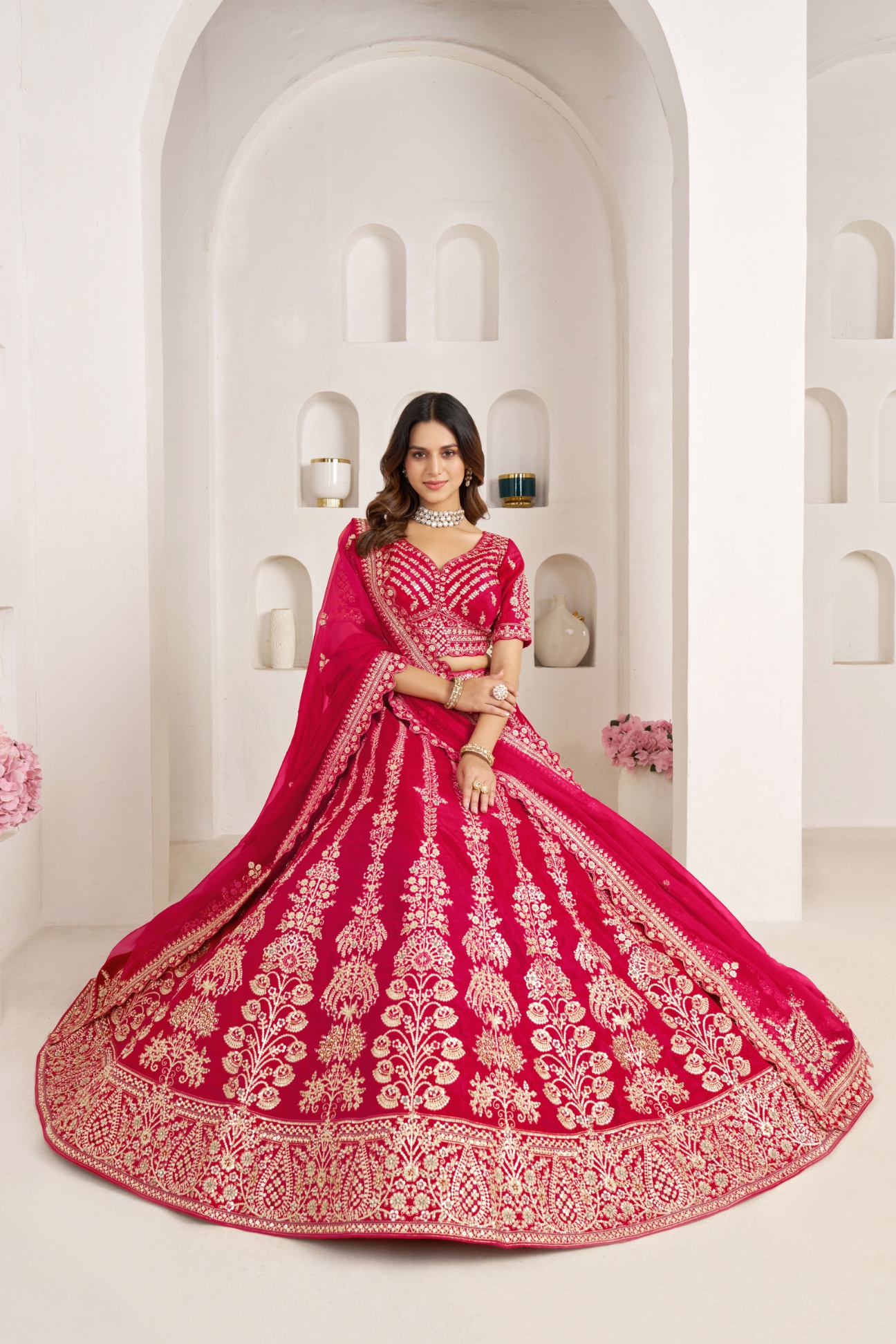 Pink Floral Vine Handwork Silk Bridal Lehenga Choli