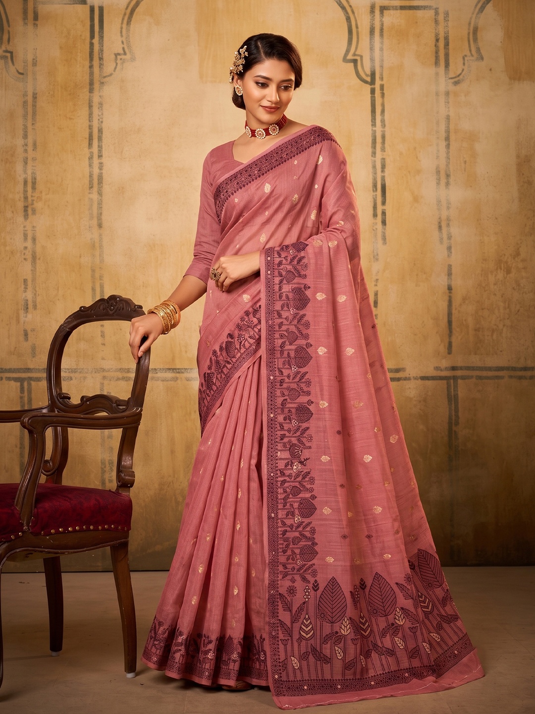 Pink Floral Weaving Cotton Designer Saree