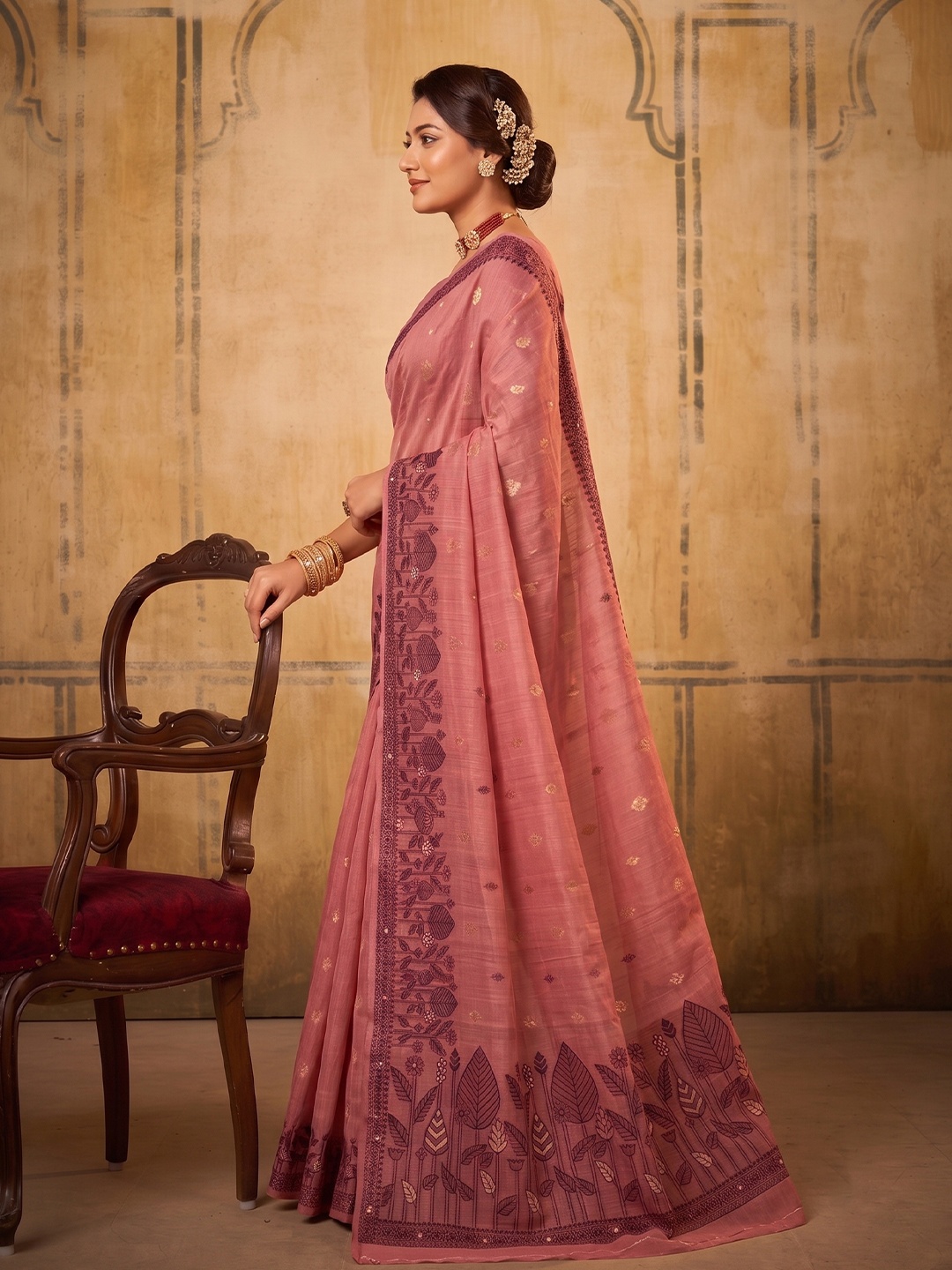 Pink Floral Weaving Cotton Designer Saree