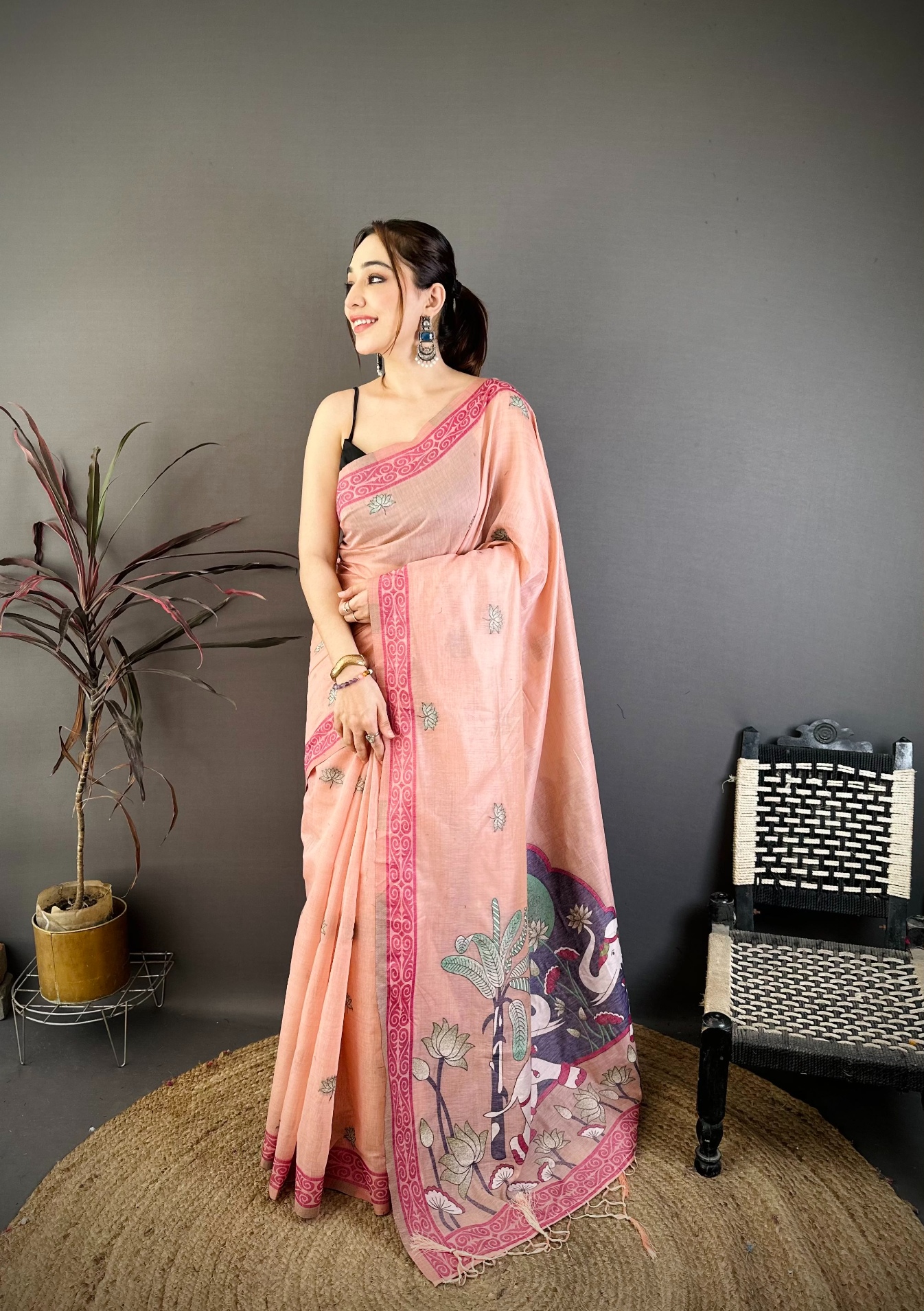 Pink Floral Weaving Muga Cotton Saree