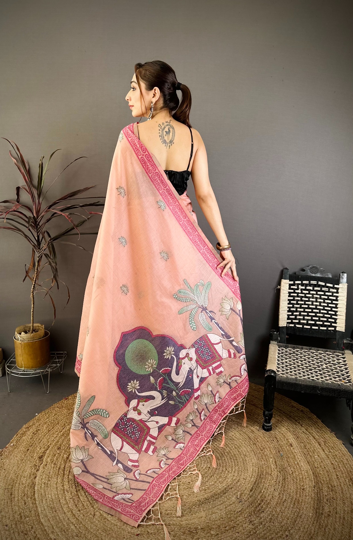 Pink Floral Weaving Muga Cotton Saree — alternate view