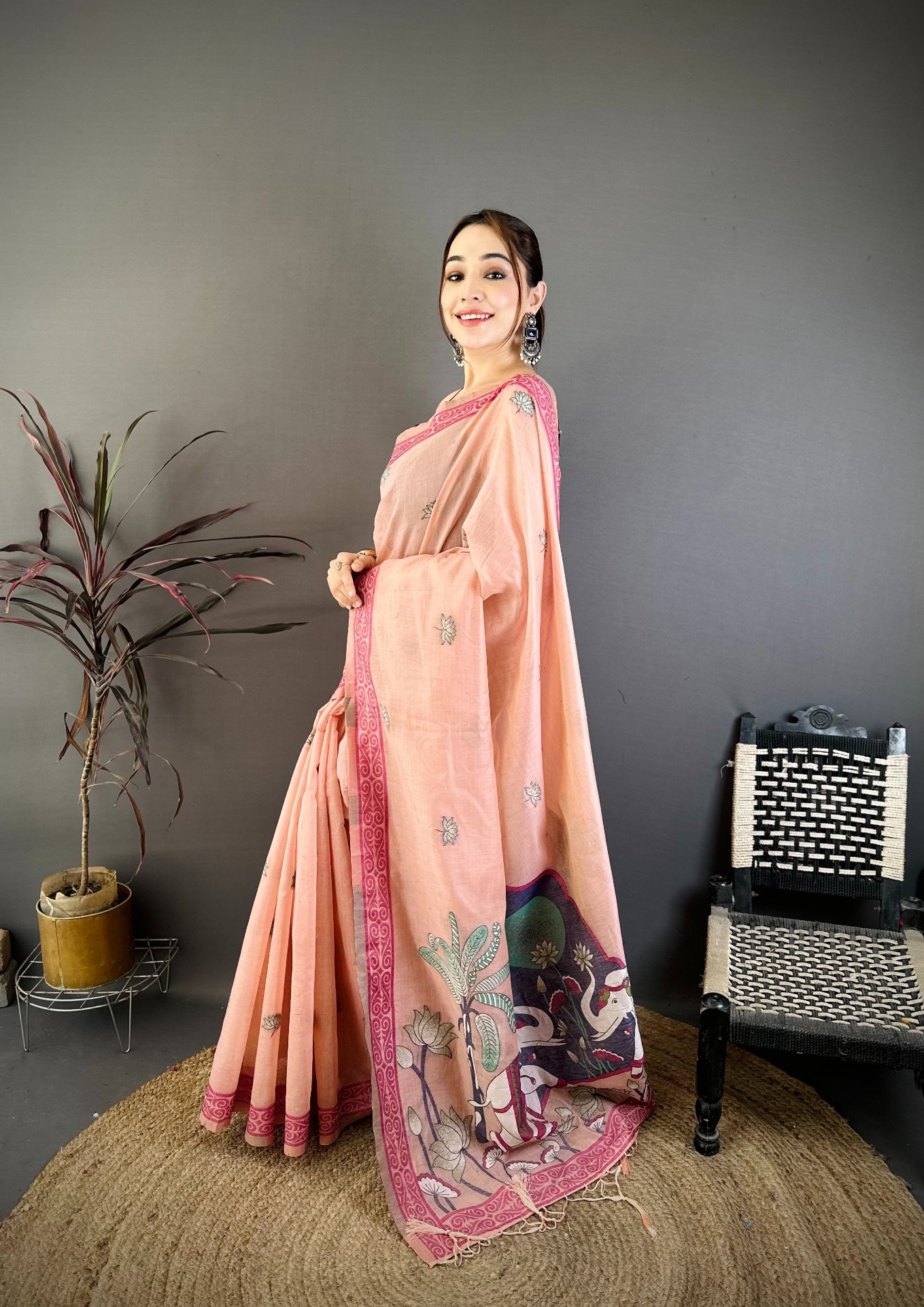 Pink Floral Weaving Muga Cotton Saree
