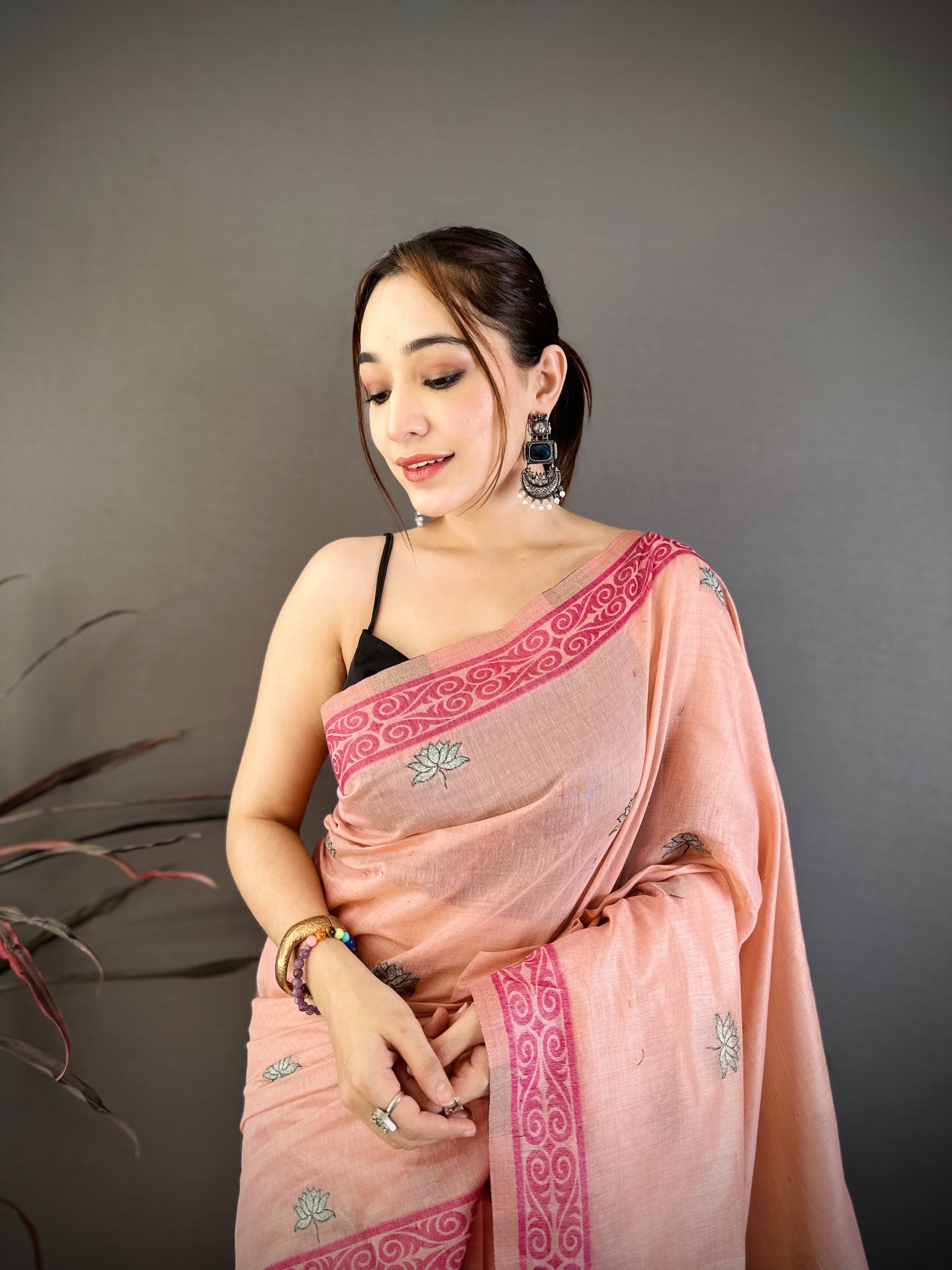 Pink Floral Weaving Muga Cotton Saree