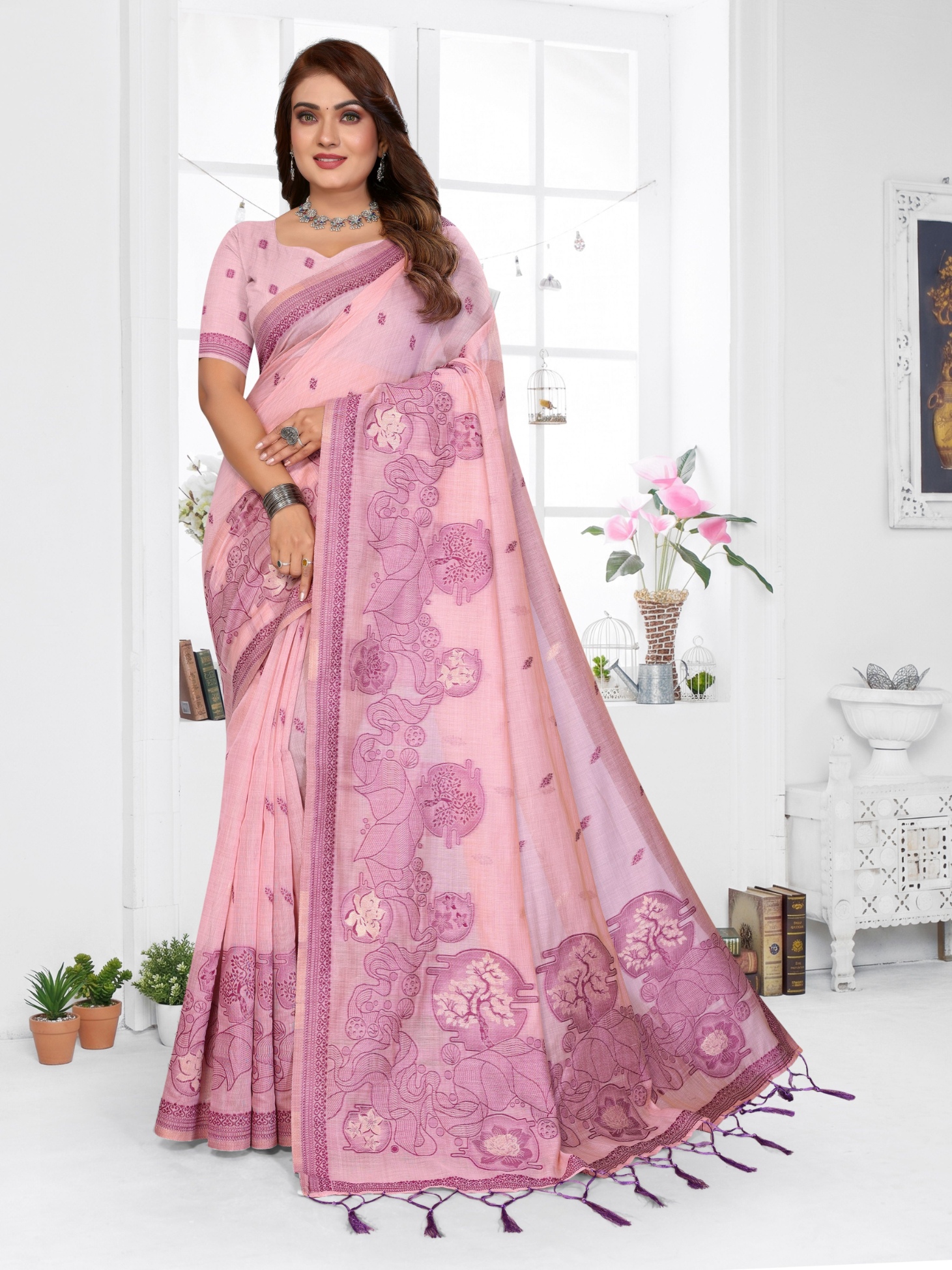 Pink Floral Weaving Spun Cotton Saree