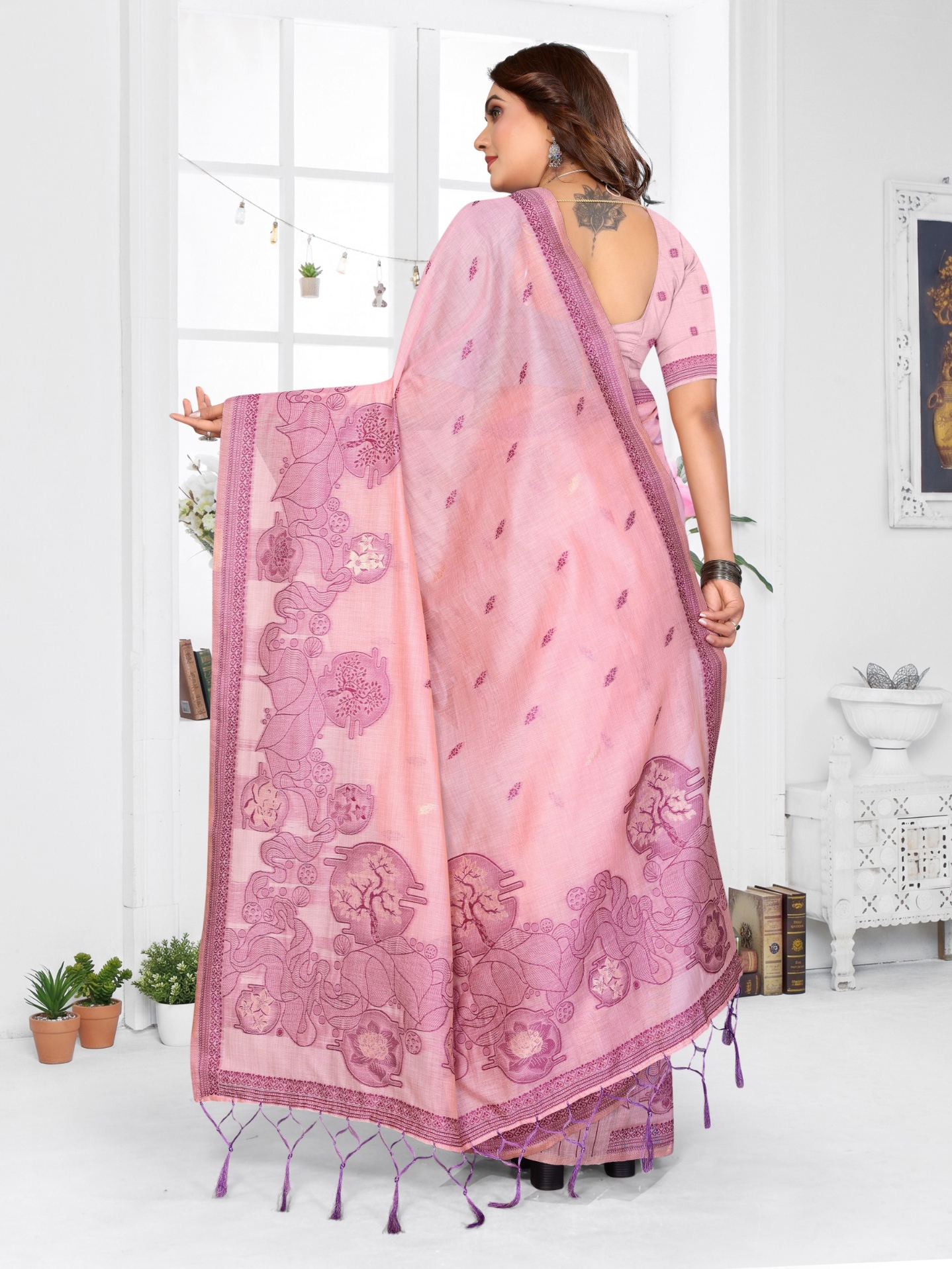 Pink Floral Weaving Spun Cotton Saree — alternate view