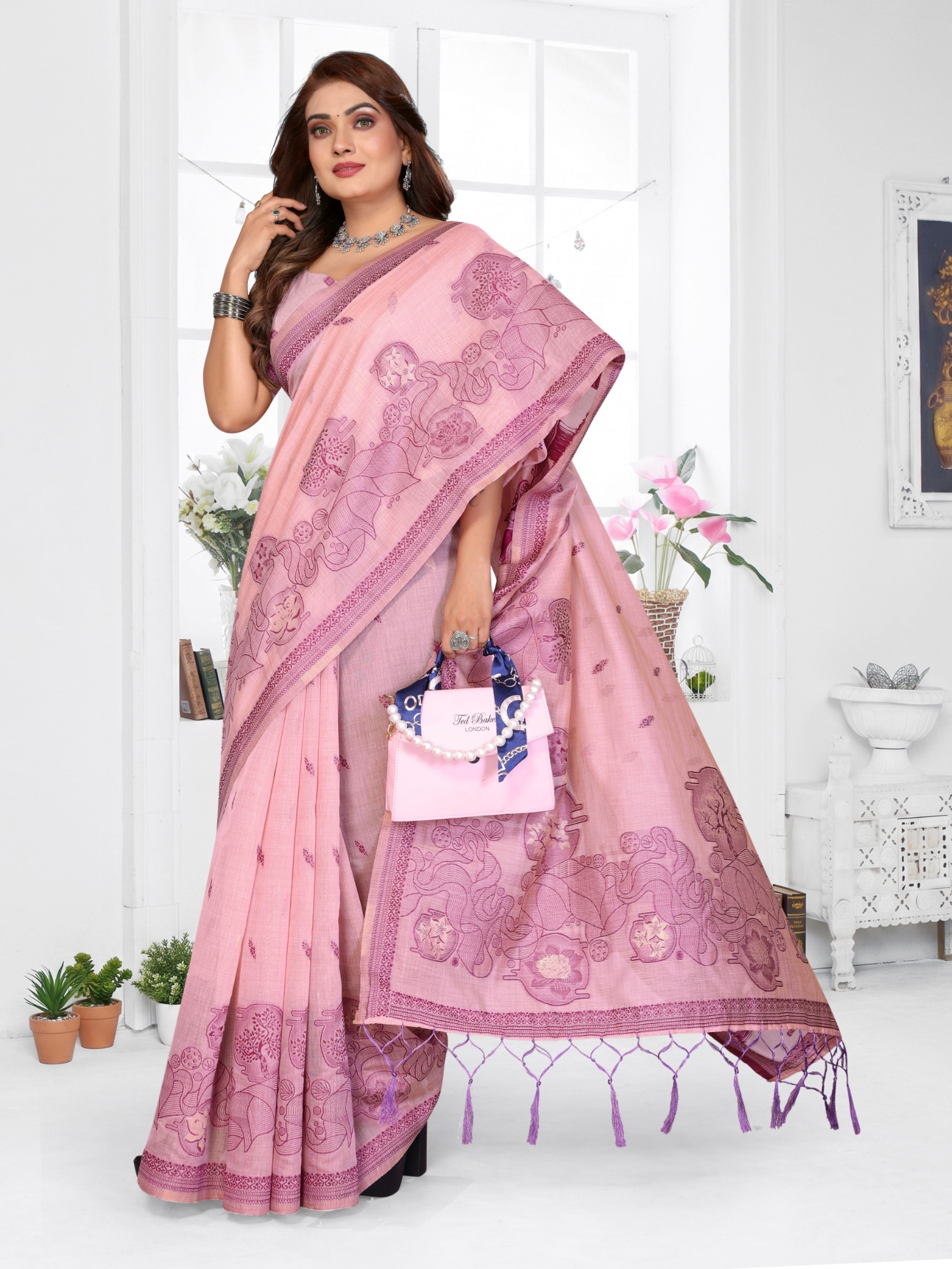 Pink Floral Weaving Spun Cotton Saree