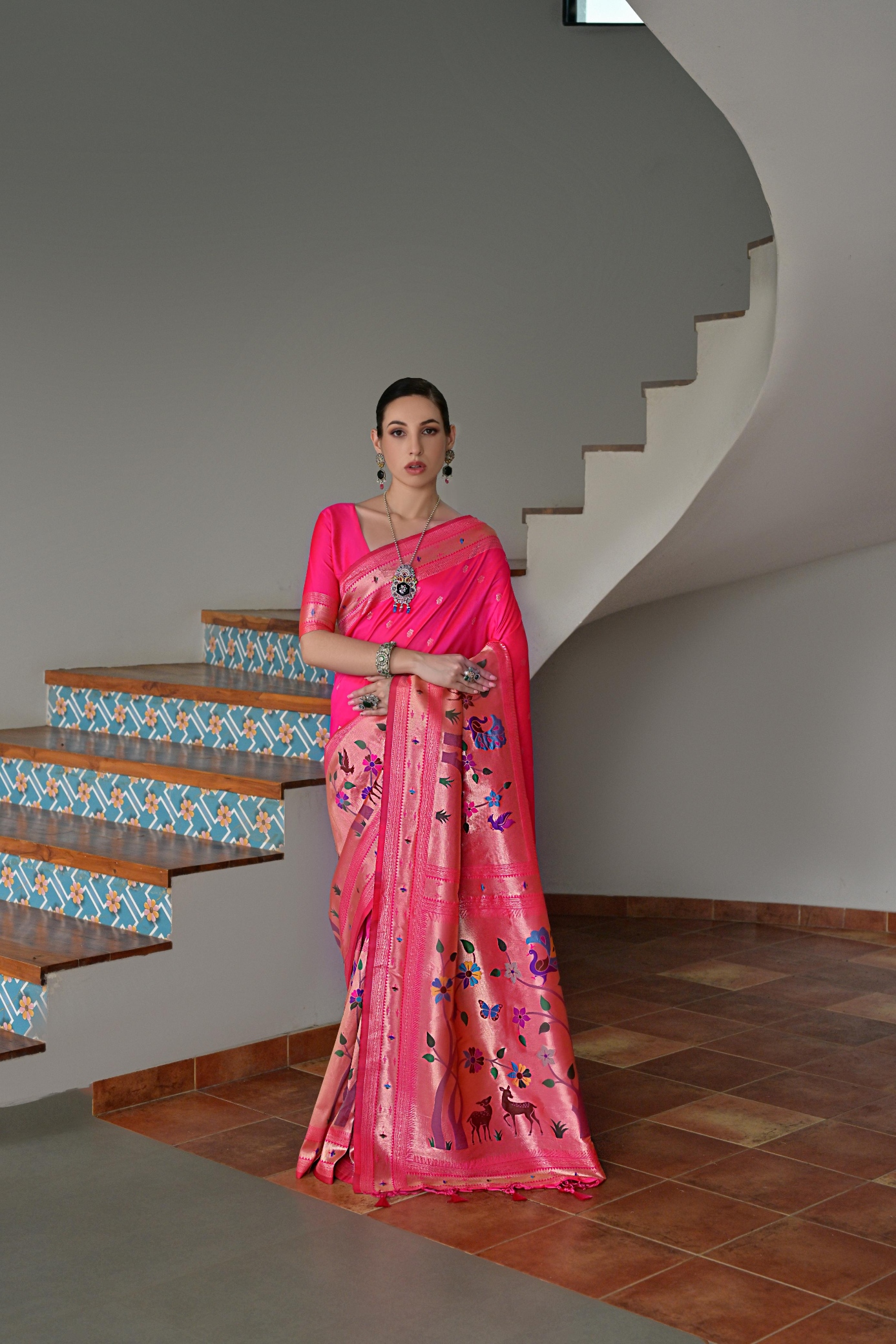 Pink Floral Woven Banarasi Silk Saree